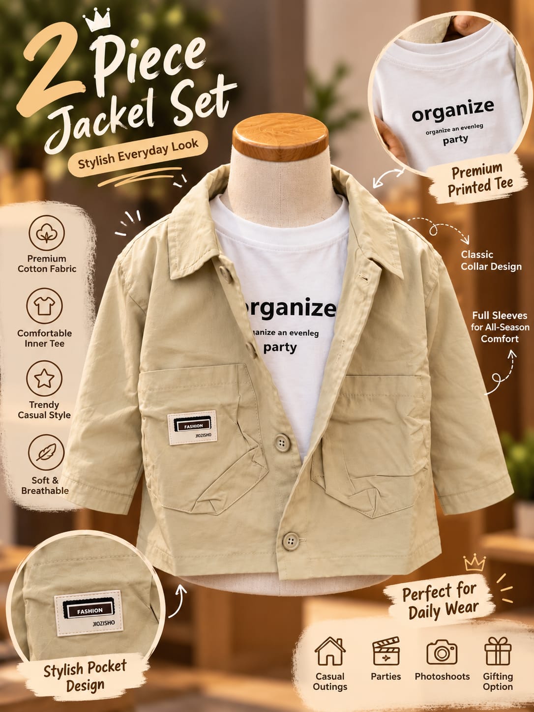 Boys Stylish Beige Utility Jacket | Casual Kidswear | Front Pocket Design | Sizes 18–26