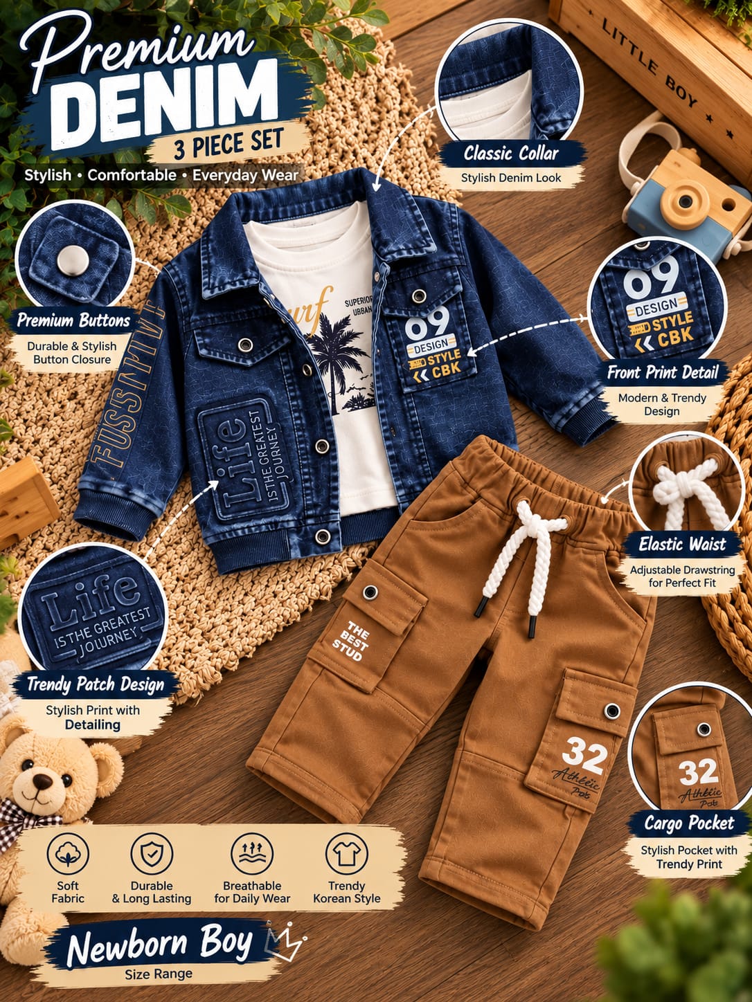 Baby Boys Stylish Denim 3-Piece Set | Denim Jacket, T-Shirt & Cargo Pants | Trendy Casual Wear | Sizes 0–12 Months