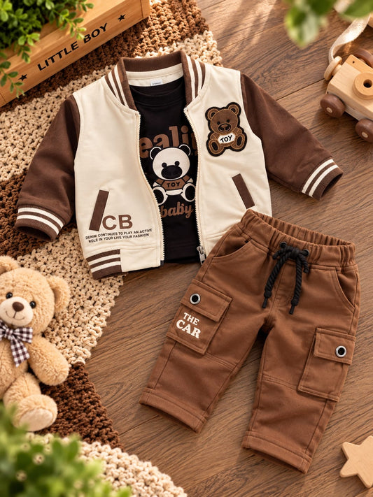 Baby Boys Stylish 3-Piece Set | Varsity Jacket, T-Shirt & Cargo Pants | Trendy Casual Wear | Sizes 0–12 Months