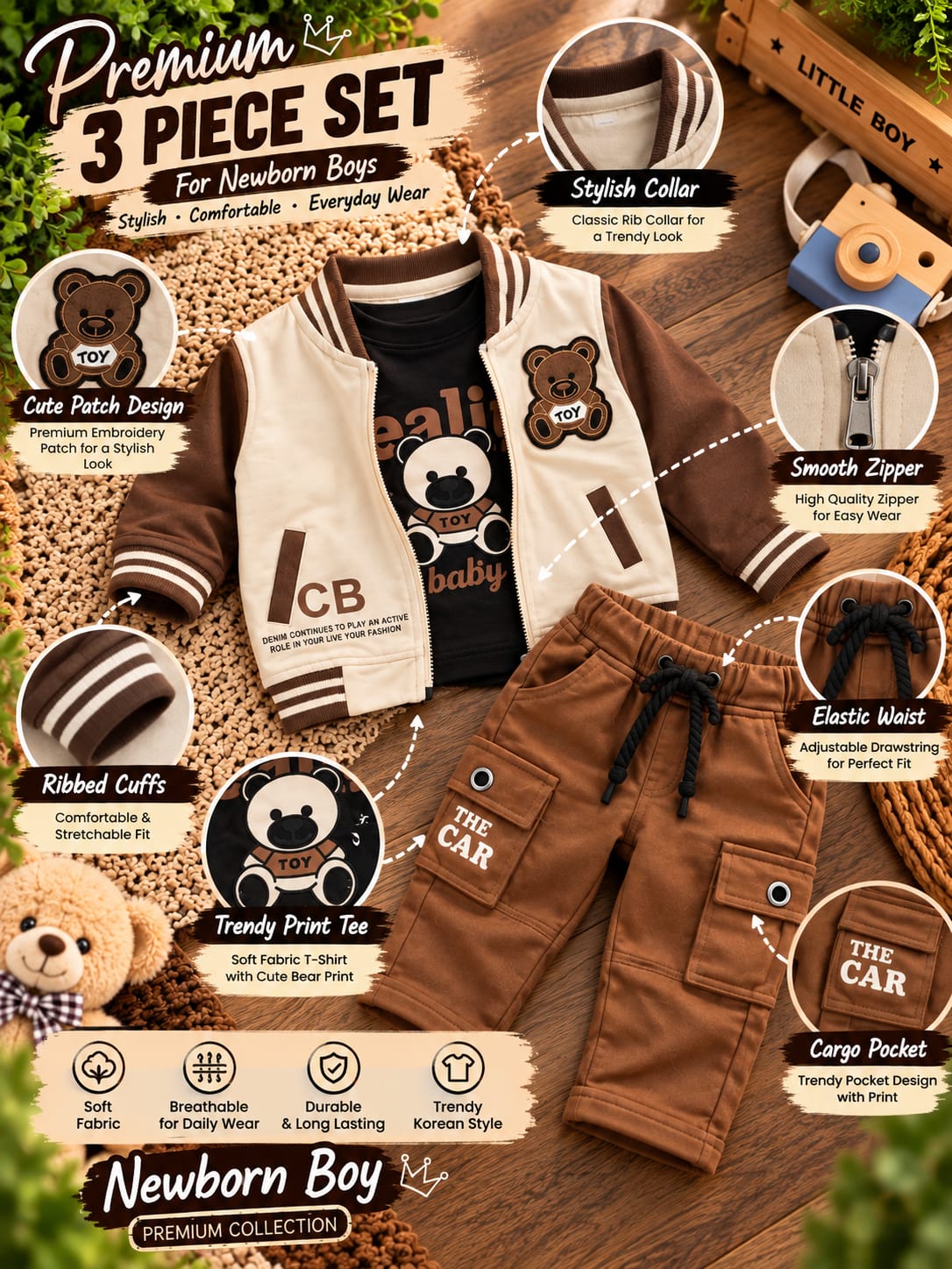 Baby Boys Stylish 3-Piece Set | Varsity Jacket, T-Shirt & Cargo Pants | Trendy Casual Wear | Sizes 0–12 Months