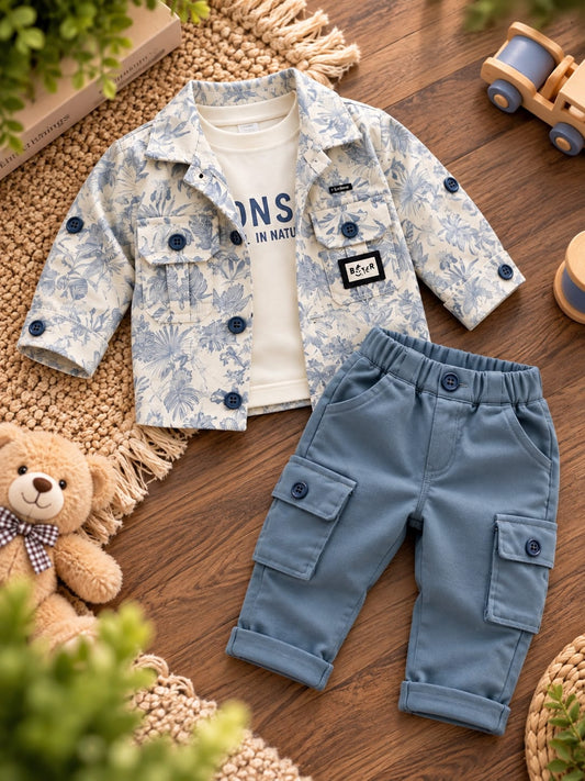 Baby Boys Stylish 3-Piece Set | Printed Jacket, T-Shirt & Cargo Pants | Trendy Casual Wear | Sizes 0–12 Months
