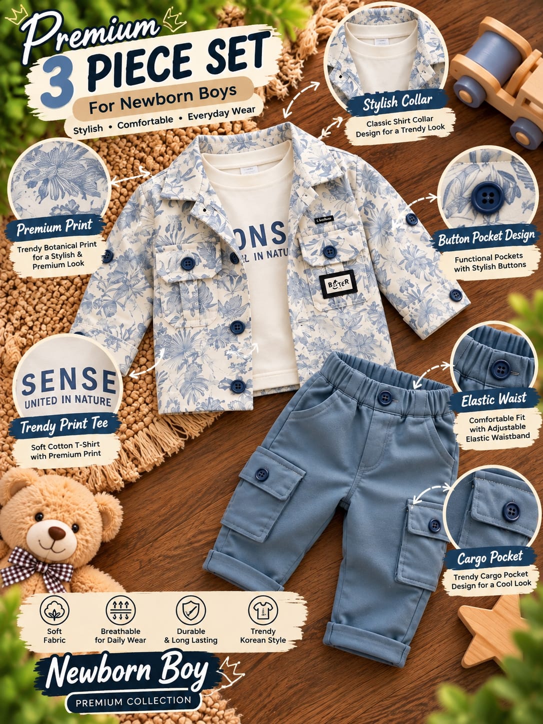 Baby Boys Stylish 3-Piece Set | Printed Jacket, T-Shirt & Cargo Pants | Trendy Casual Wear | Sizes 0–12 Months