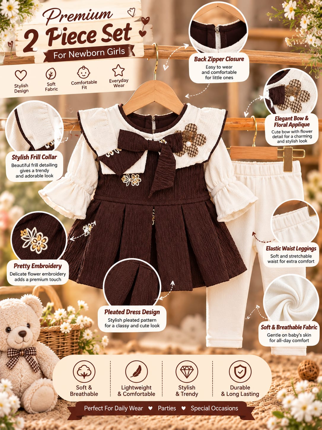 Baby Girls 2-Piece Partywear Set | Bow Detail Dress & Full Pants | Stylish Festive Outfit | Sizes 0–9 Months