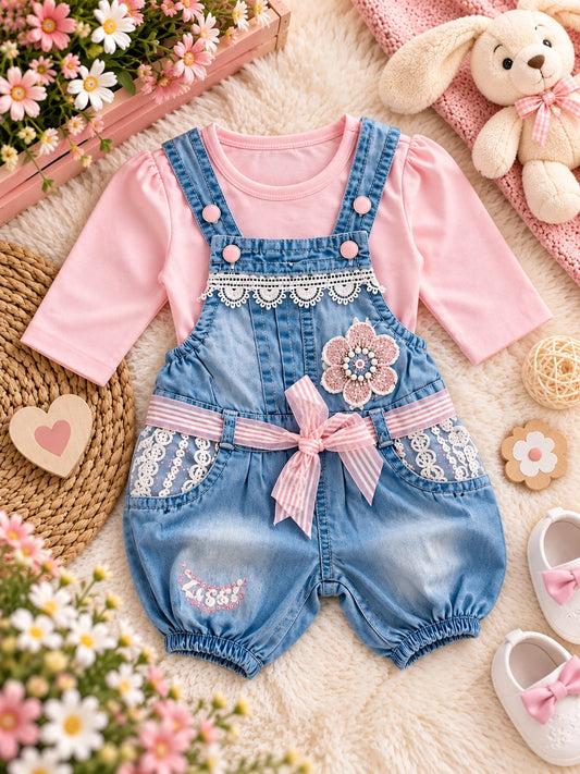Baby Girls 2-Piece Denim Dungaree Set | Pink Top & Floral Denim Romper | Cute Casual Outfit | Sizes 0–9 Months
