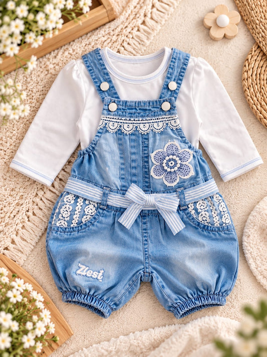 Baby Girls 2-Piece Denim Dungaree Set | White Top & Floral Denim Romper | Cute Casual Outfit | Sizes 0–9 Months