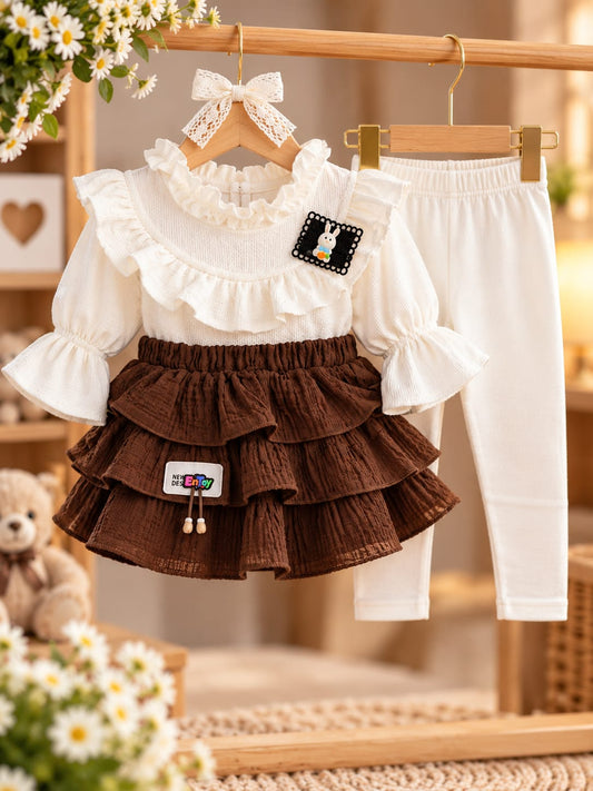 Baby Girls Brown Layered Dress Set with White Full Pants | 0–9 Months