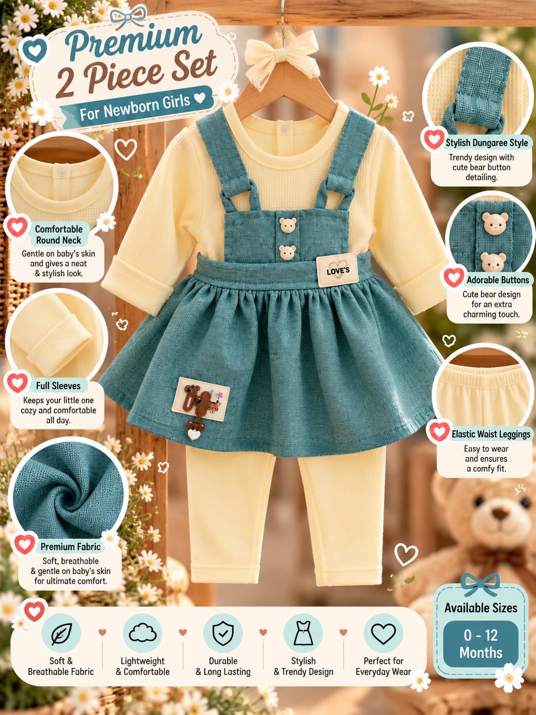 Baby Girls Teal Pinafore Dress Set with Top & Full Pants | 0–9 Months
