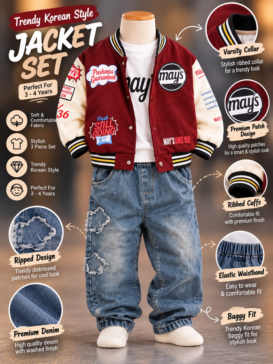 Boys Maroon Varsity Jacket Cord Set with Graphic T-Shirt & Baggy Jeans | Sizes 18–26