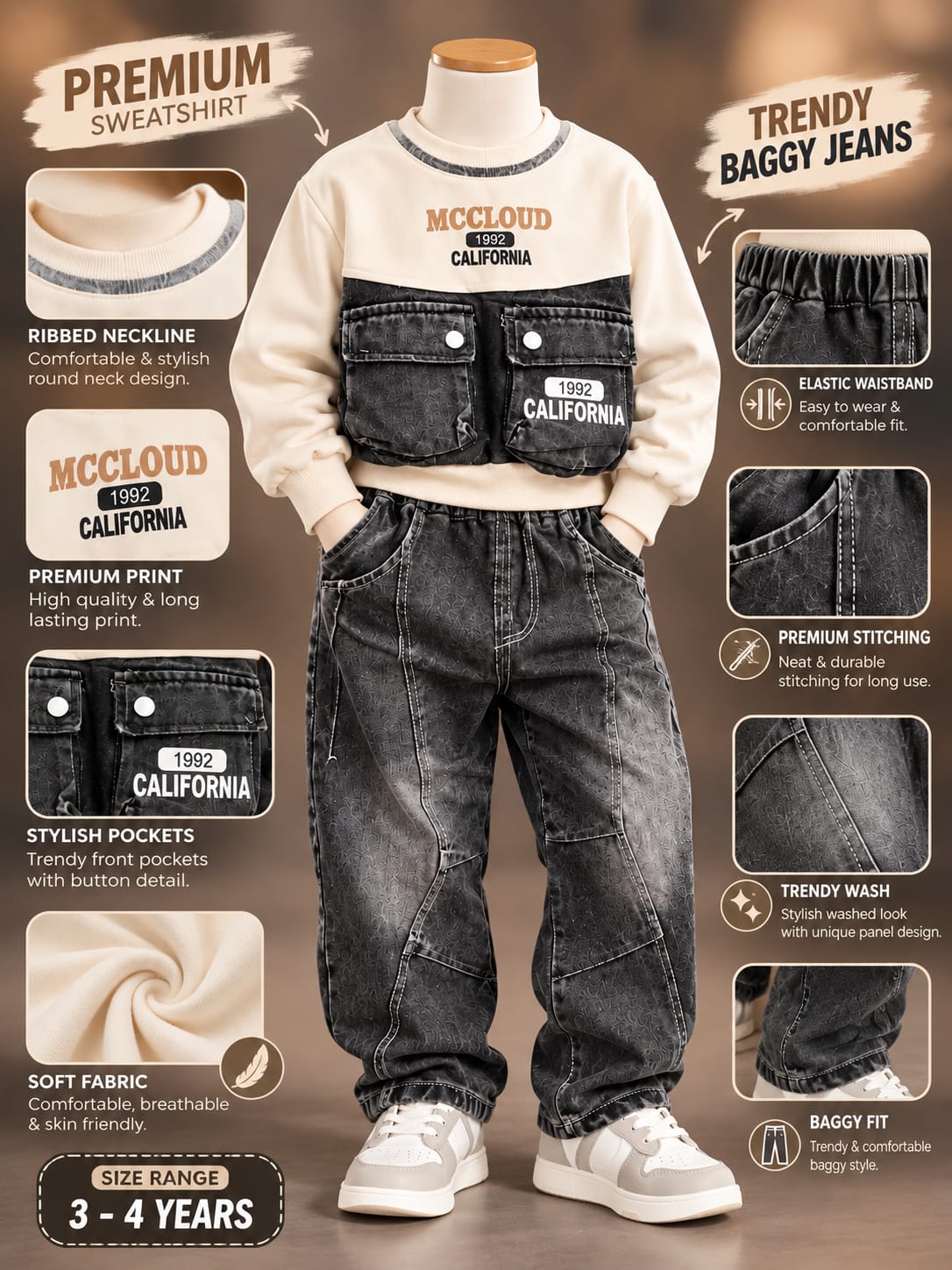 Boys Cream Denim Panel Sweatshirt & Black Baggy Jeans Set | Sizes 18–26