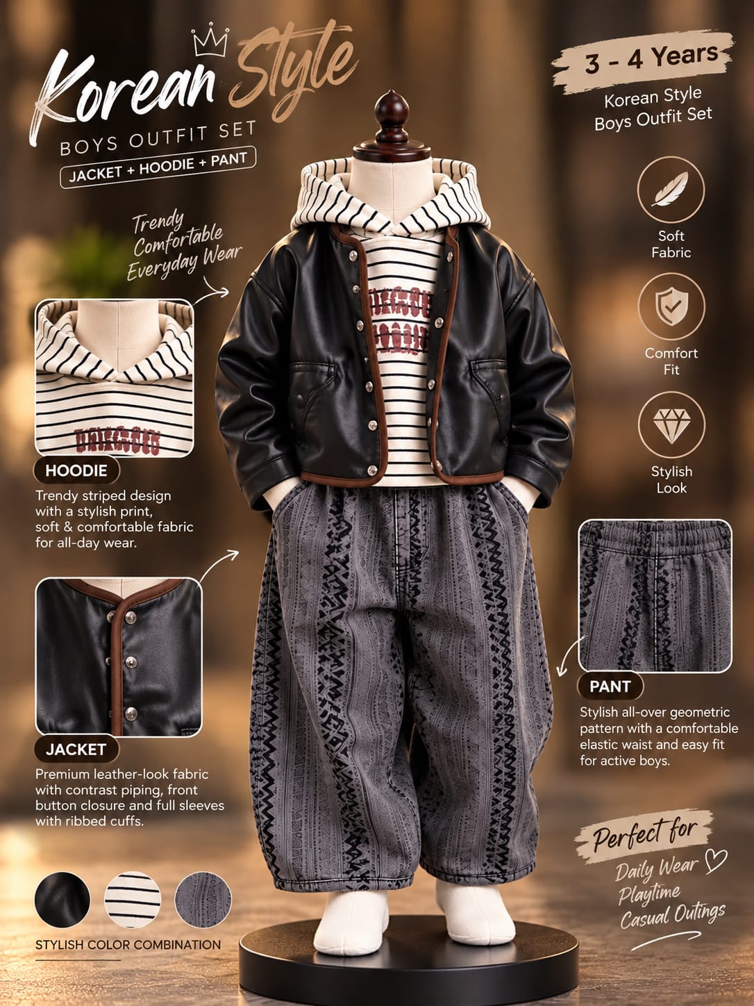 Boys Black Leather-Look Jacket Cord Set with Striped Hoodie & Printed Pants | Sizes 18–26