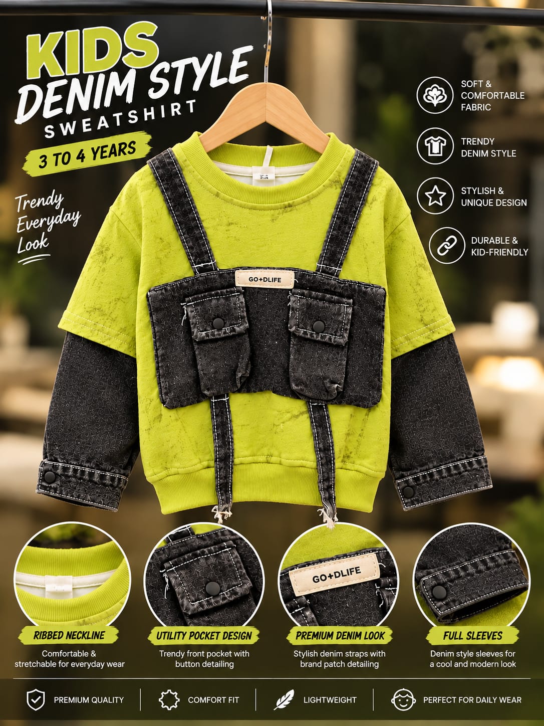 Boys Lime Green Denim-Style Utility Pocket Sweatshirt | Sizes 18–26
