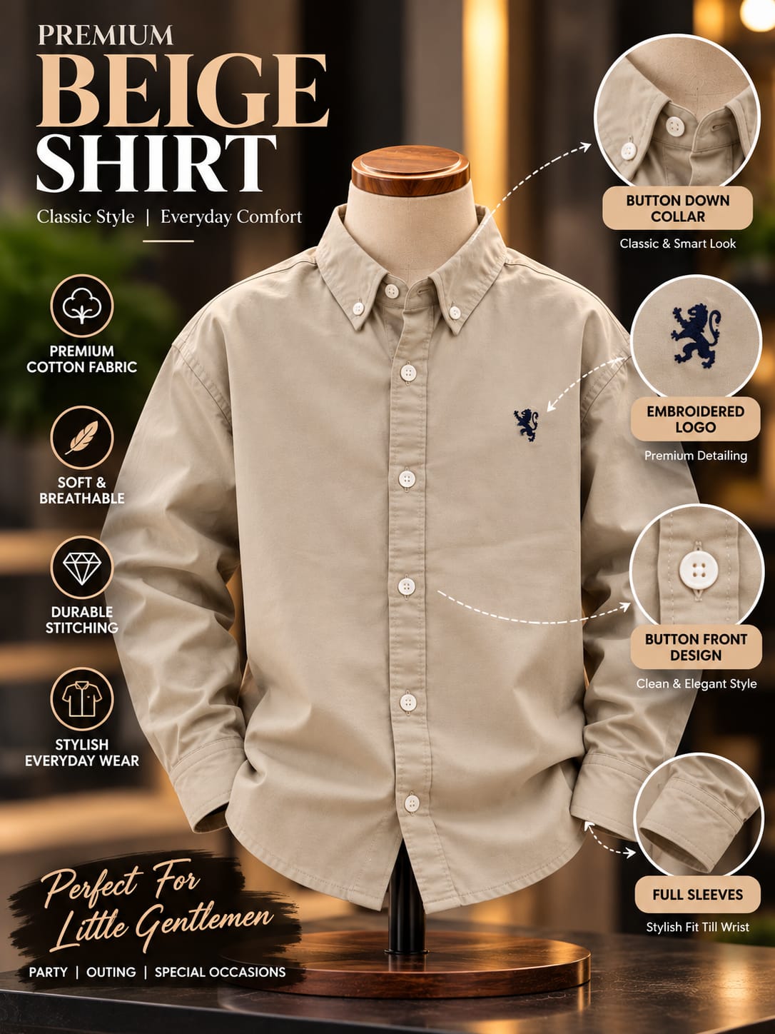 Boys Beige Casual Button-Down Shirt with Embroidered Detail | 6–10 Years