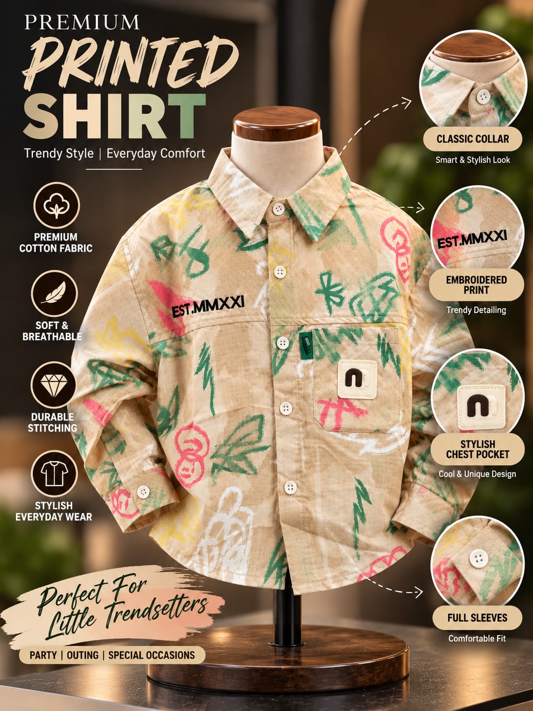 Baby Boys Beige Printed Full Sleeve Shirt with Front Pocket | 6 Monthsβ5 Years