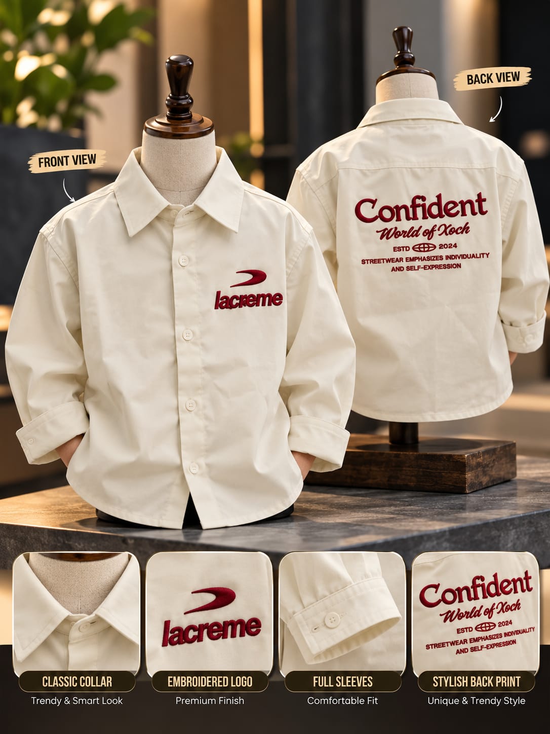 Baby Boys Cream Full Sleeve Shirt with Embroidered Logo | Sizes 6 Monthsβ5 Years