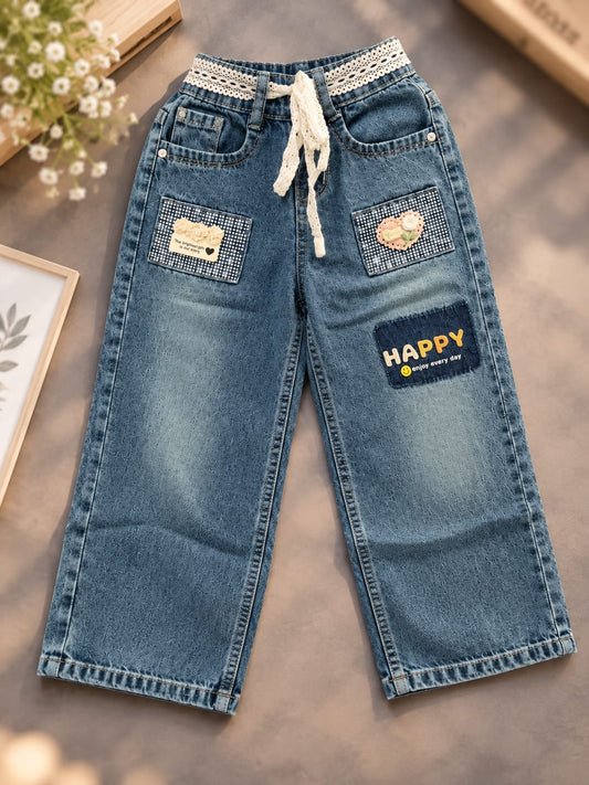 Girls Blue Super Baggy Jeans with Decorative Patches & Lace Waist Detail | Sizes 26–30
