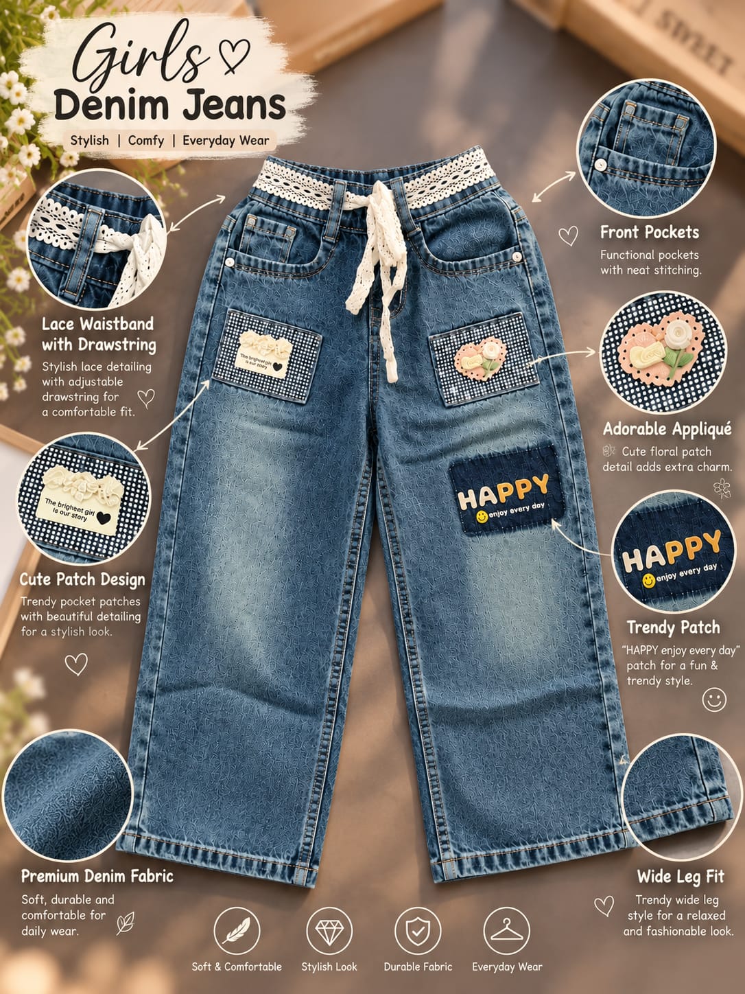 Girls Blue Super Baggy Jeans with Decorative Patches & Lace Waist Detail | Sizes 26–30