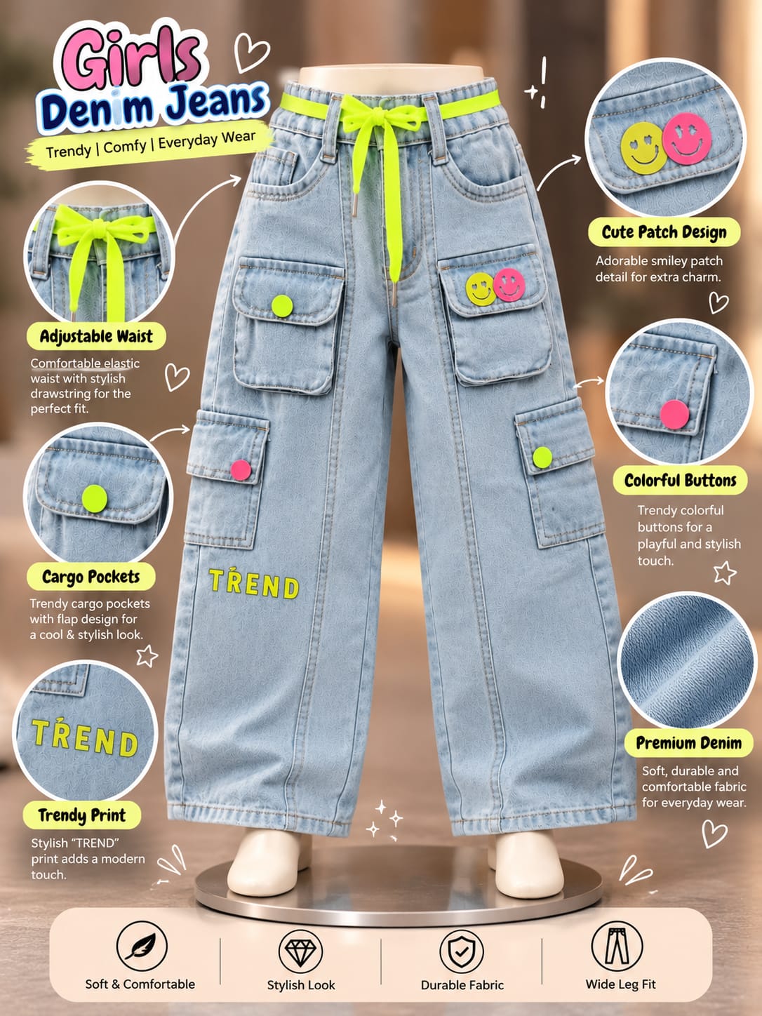 Girls Light Blue Super Baggy Cargo Jeans with Neon Drawstring | Sizes 16–24