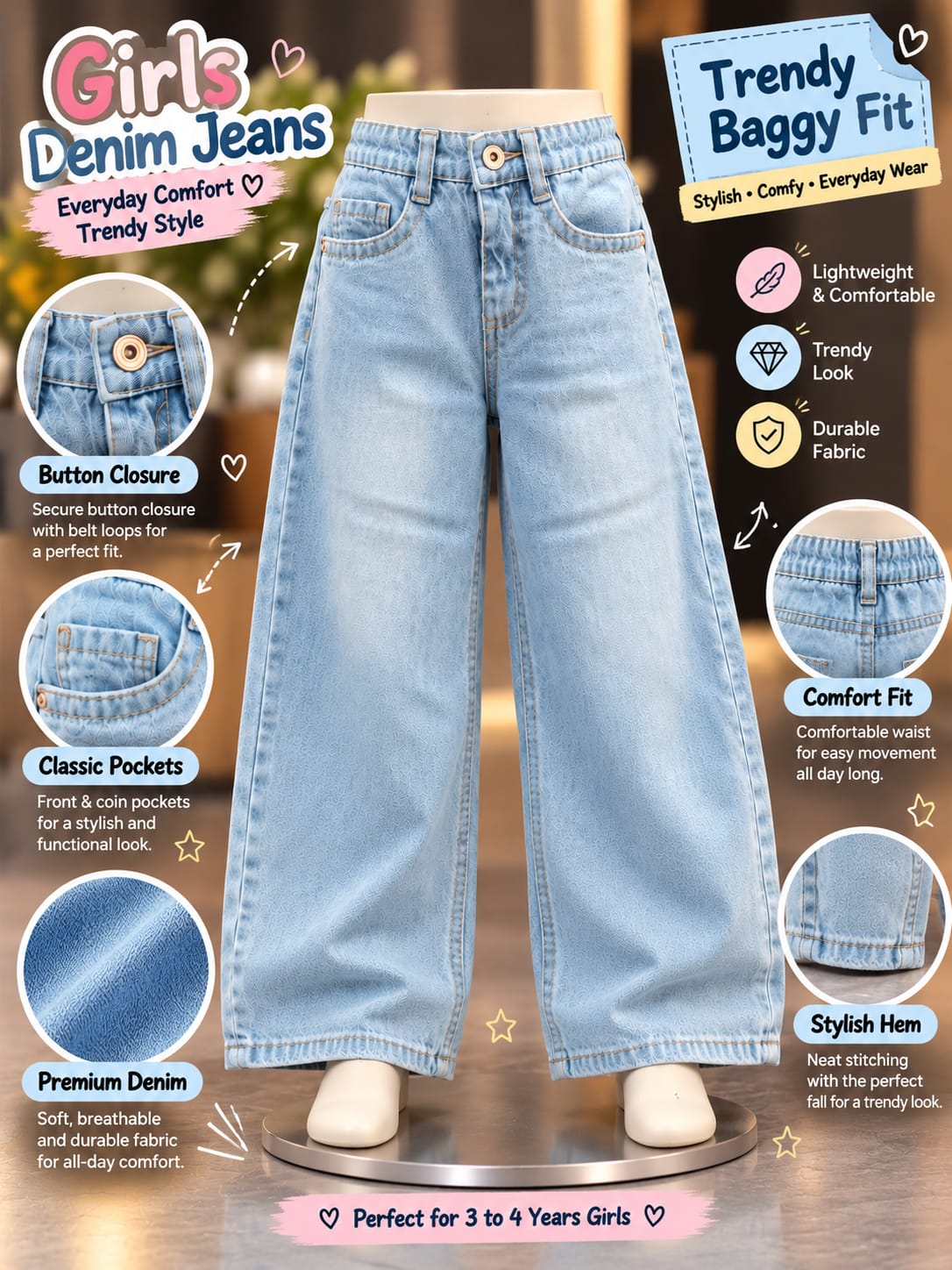 Girls Light Blue Super Baggy Jeans | Wide-Leg Denim Pants | Sizes 18–24