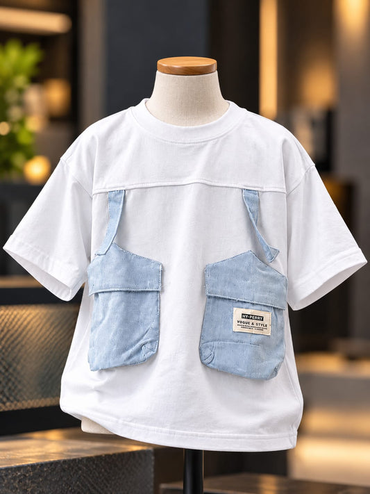 Boys White Oversized T-Shirt with Light Blue Denim Utility Pockets | 5β10 Years