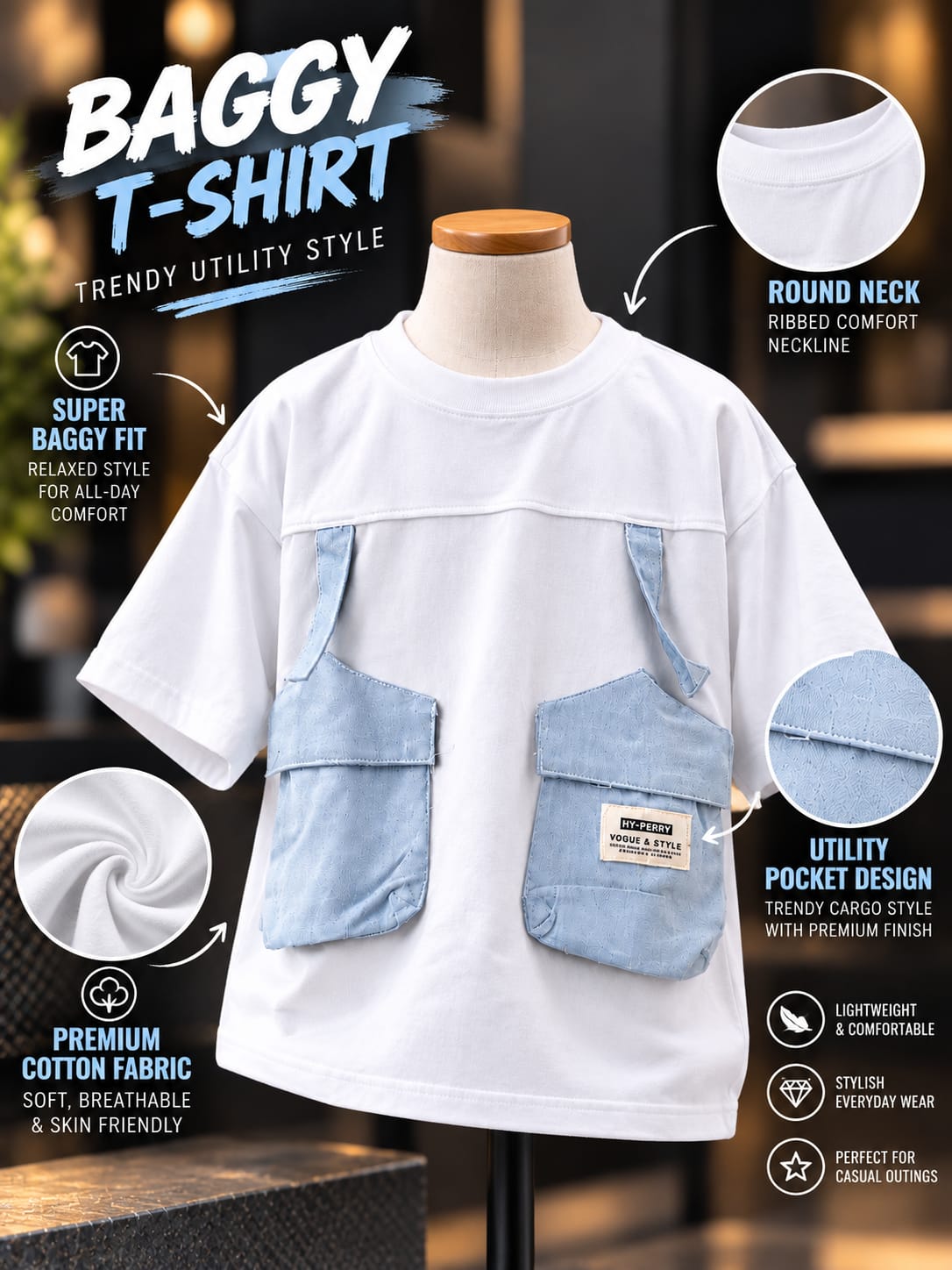 Boys White Oversized T-Shirt with Light Blue Denim Utility Pockets | 5–10 Years