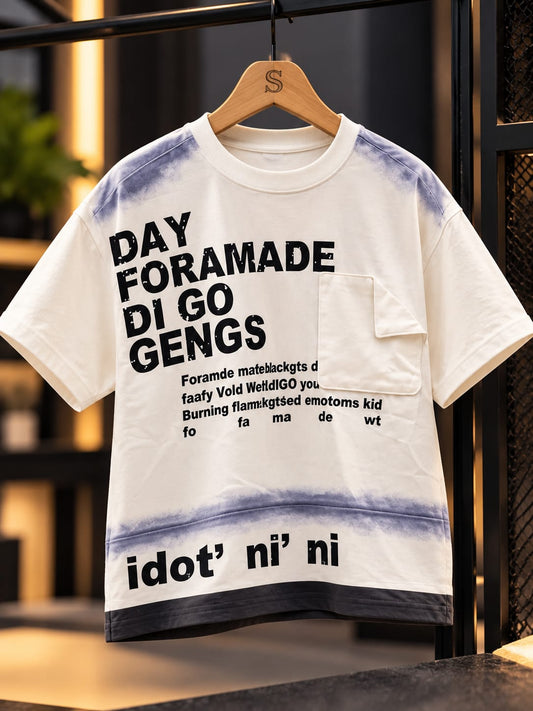 Boys White Oversized Graphic T-Shirt with Chest Pocket & Tie-Dye Effect | 5β10 Years