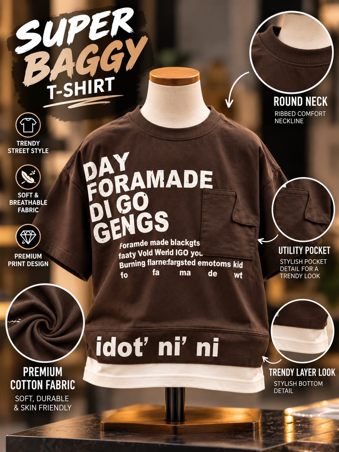 Boys Dark Brown Oversized Graphic T-Shirt with Chest Pocket | 5–10 Years