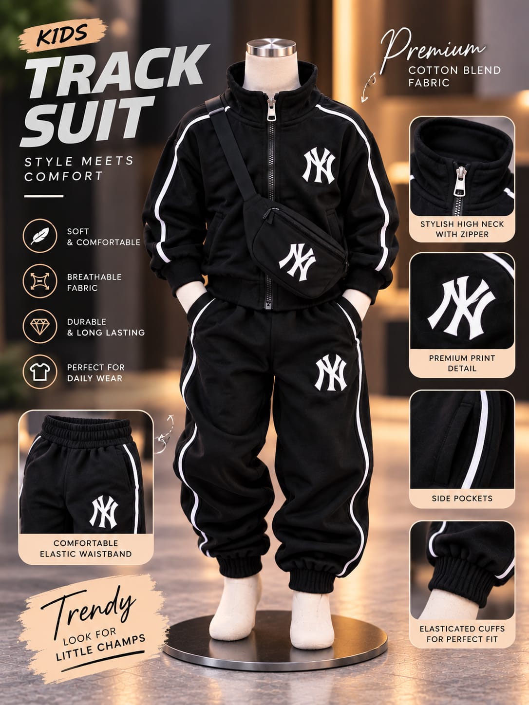 Boys Black Sports Tracksuit Set with White Stripe Detail | Sizes 18–26