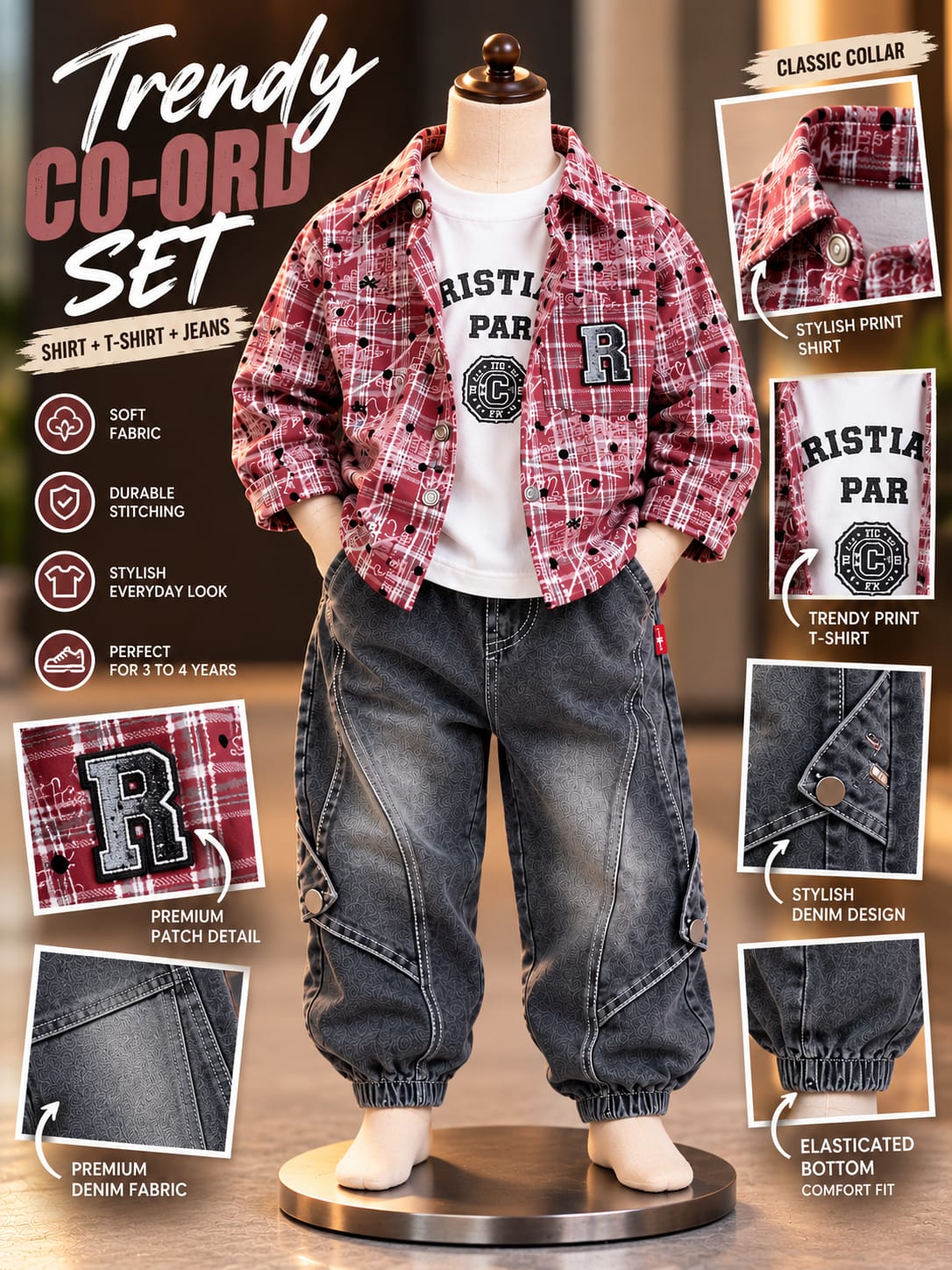 Boys Red Checkered Shirt Jacket with Graphic Tee & Grey Cargo Joggers | Sizes 18–26