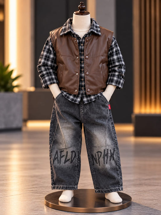 Boys Brown Leather-Look Vest with Check Shirt & Black Baggy Jeans | Sizes 18–26