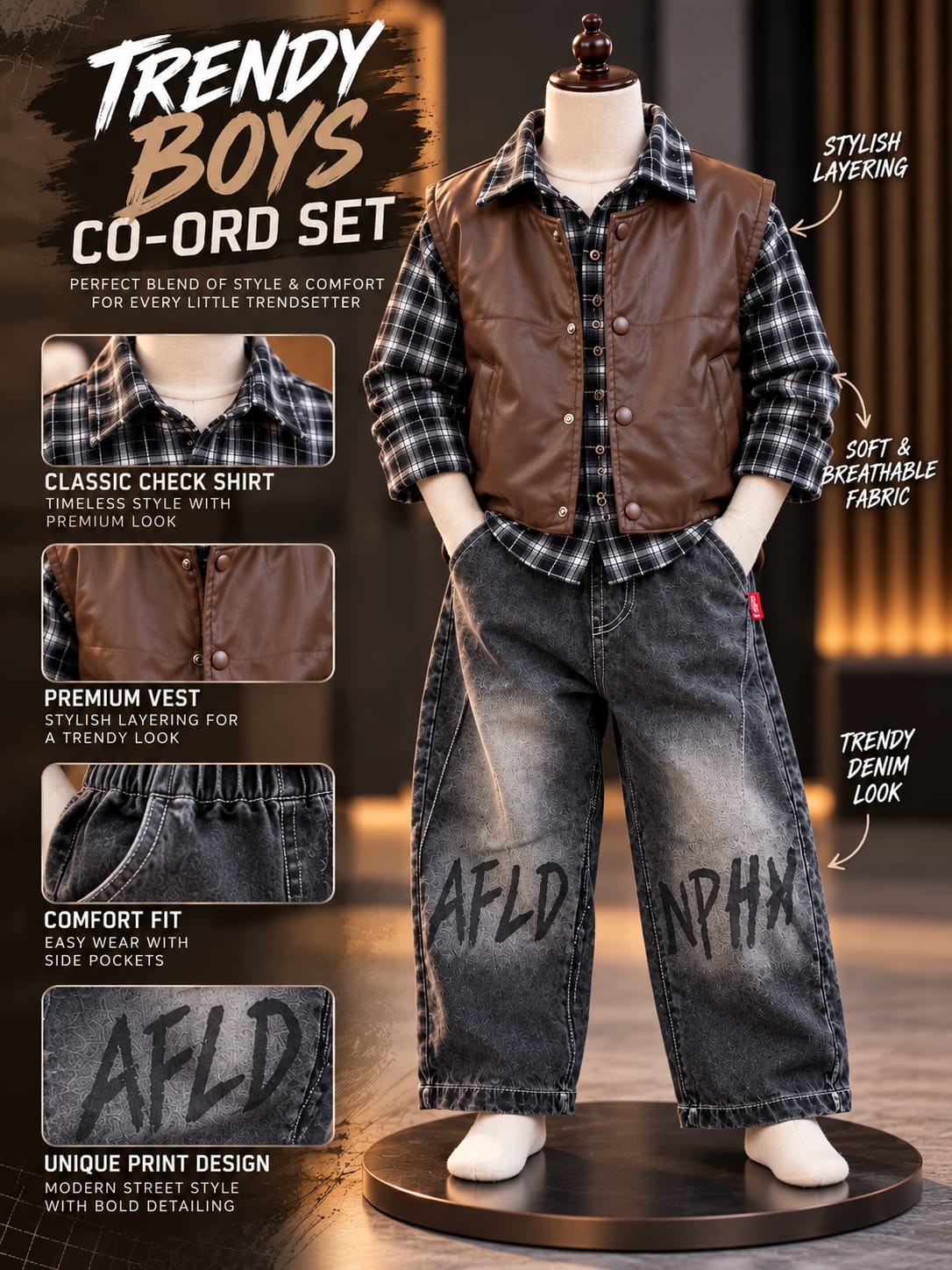 Boys Brown Leather-Look Vest with Check Shirt & Black Baggy Jeans | Sizes 18–26