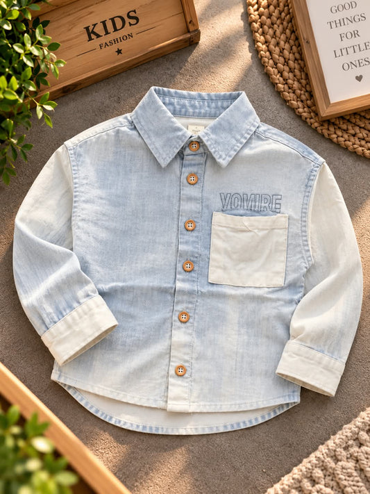 Boys Light Blue Denim-Style Shirt with Contrast Pocket | Sizes 1–5 Years