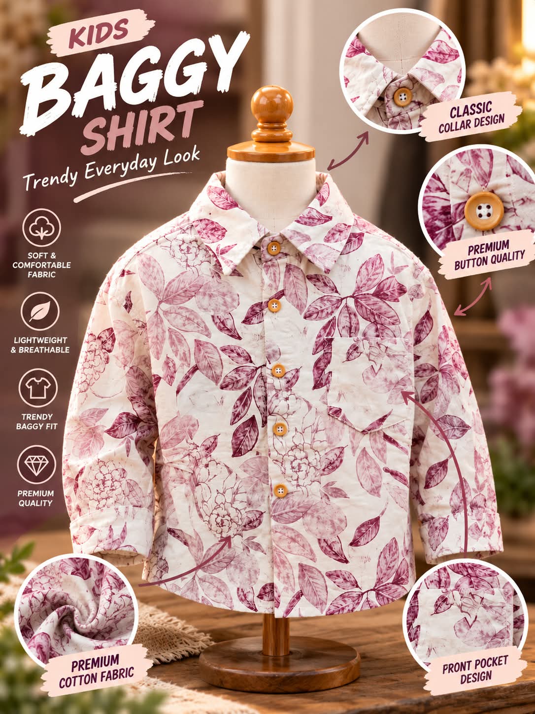 Boys Floral Print Full Sleeve Shirt | Cream & Maroon | Sizes 1–5 Years