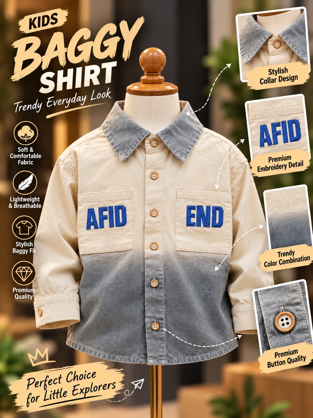 Boys Beige & Grey Ombre Shirt with Dual Chest Pockets | Sizes 1–5 Years