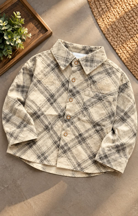 Boys Beige & Grey Checkered Full Sleeve Shirt | Sizes 1–5 Years