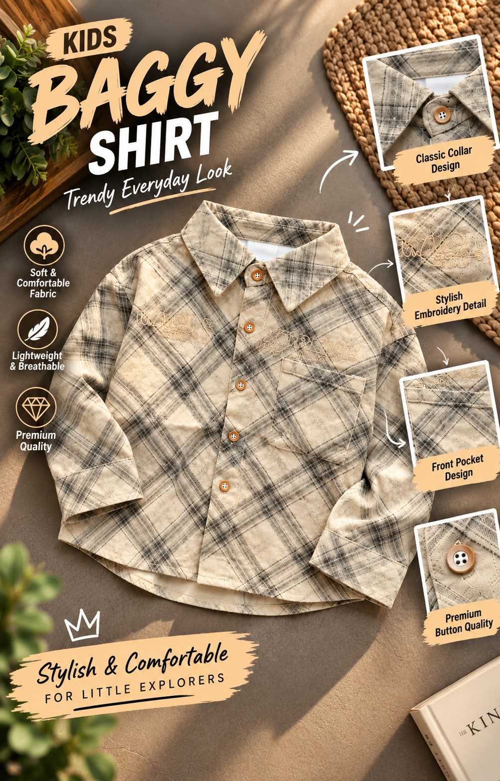 Boys Beige & Grey Checkered Full Sleeve Shirt | Sizes 1–5 Years