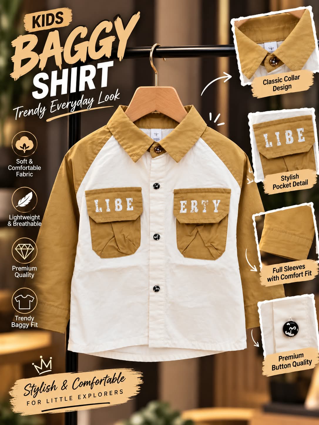 Boys Mustard & White Colourblock Shirt with Dual Cargo Pockets | Sizes 1–5 Years