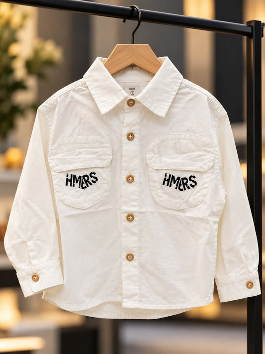 Boys Cream White Shirt with Double Flap Pockets & Lettering | Sizes 1–5 Years