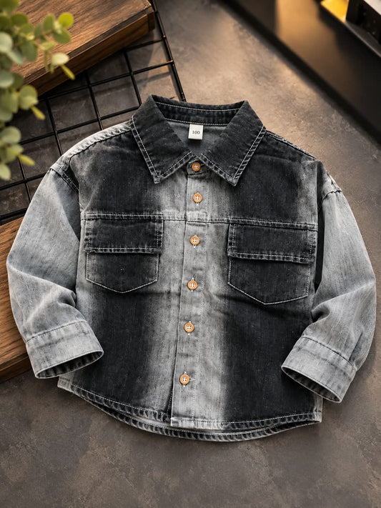 Boys Black Grey Washed Denim Shirt with Double Pockets | Sizes 1–5 Years