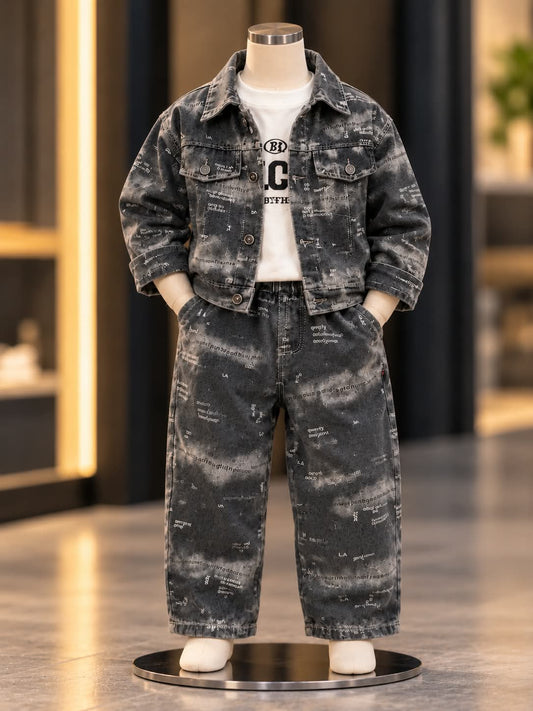 Boys Korean Style Black Printed Denim Jacket & Baggy Jeans Set | Sizes 18–26
