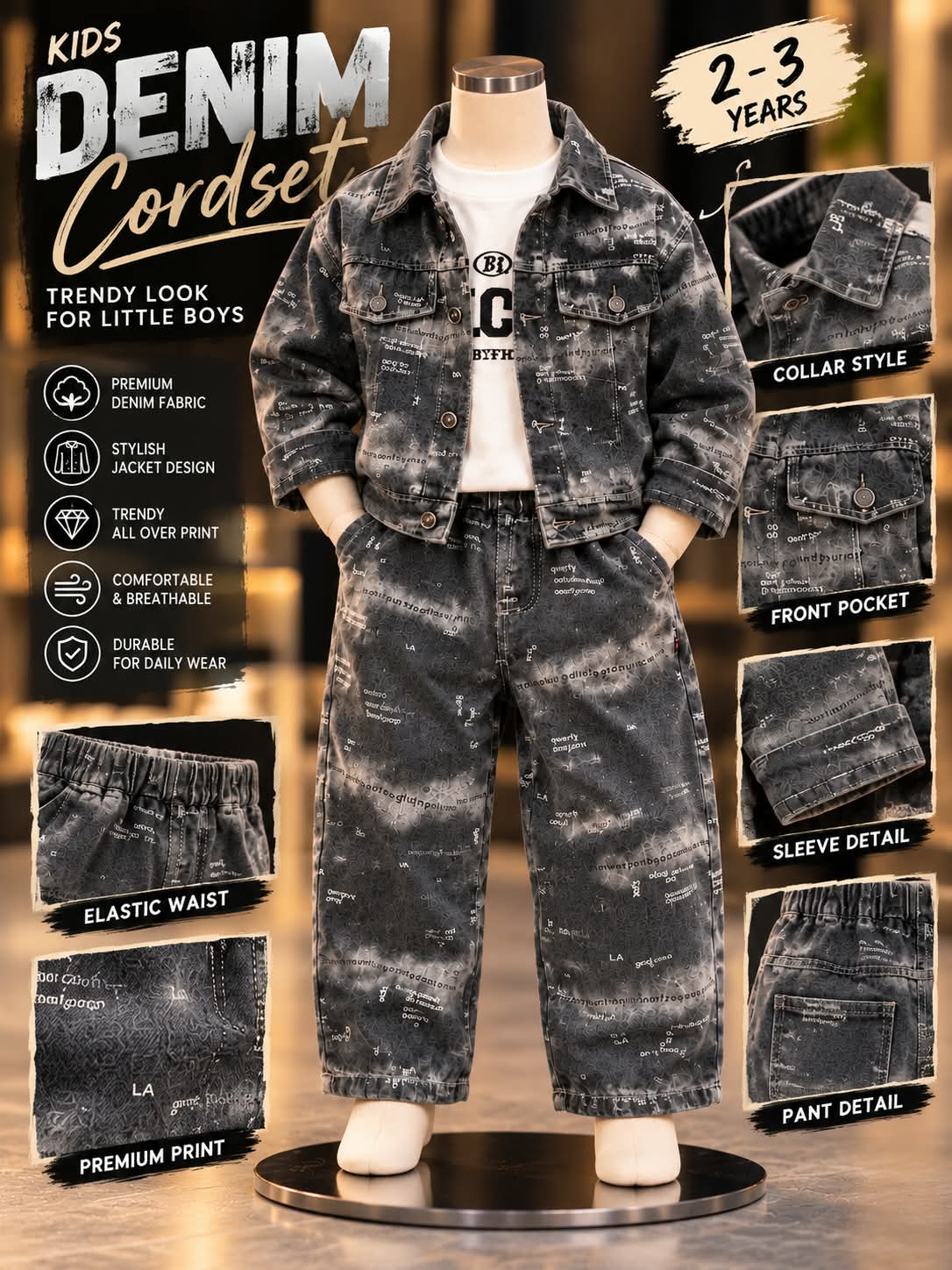 Boys Korean Style Black Printed Denim Jacket & Baggy Jeans Set | Sizes 18–26