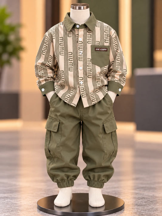 Boys 2-Piece Olive Green Cargo Set with Printed Shirt | Sizes 18–26