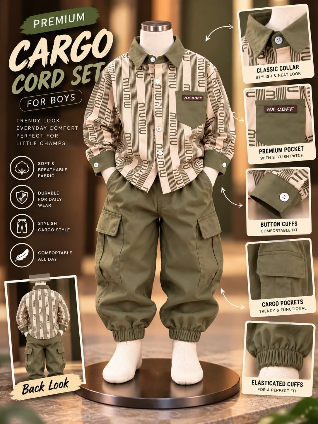 Boys 2-Piece Olive Green Cargo Set with Printed Shirt | Sizes 18–26