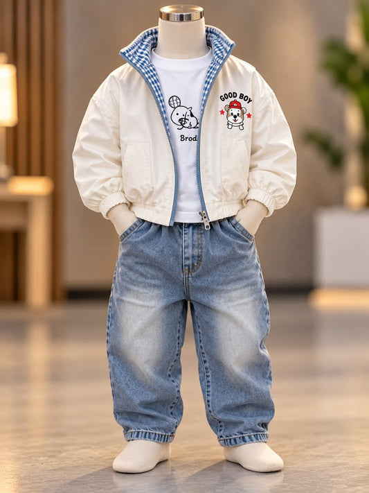 Boys 3-Piece White Cartoon Jacket, T-Shirt & Baggy Jeans Set | Sizes 18–26