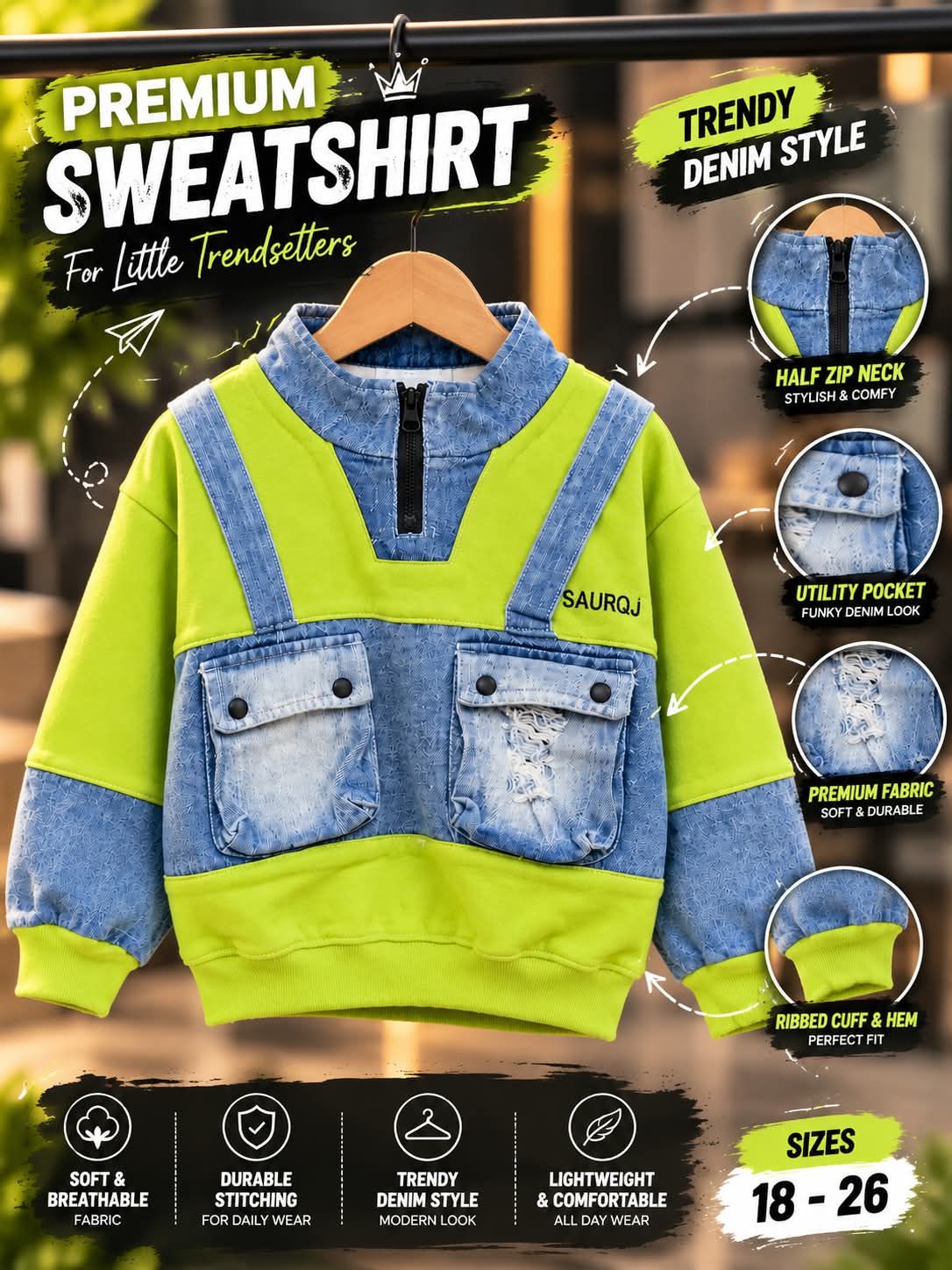 Boys Lime Green & Denim Style Sweatshirt with Utility Pockets | Sizes 18β26