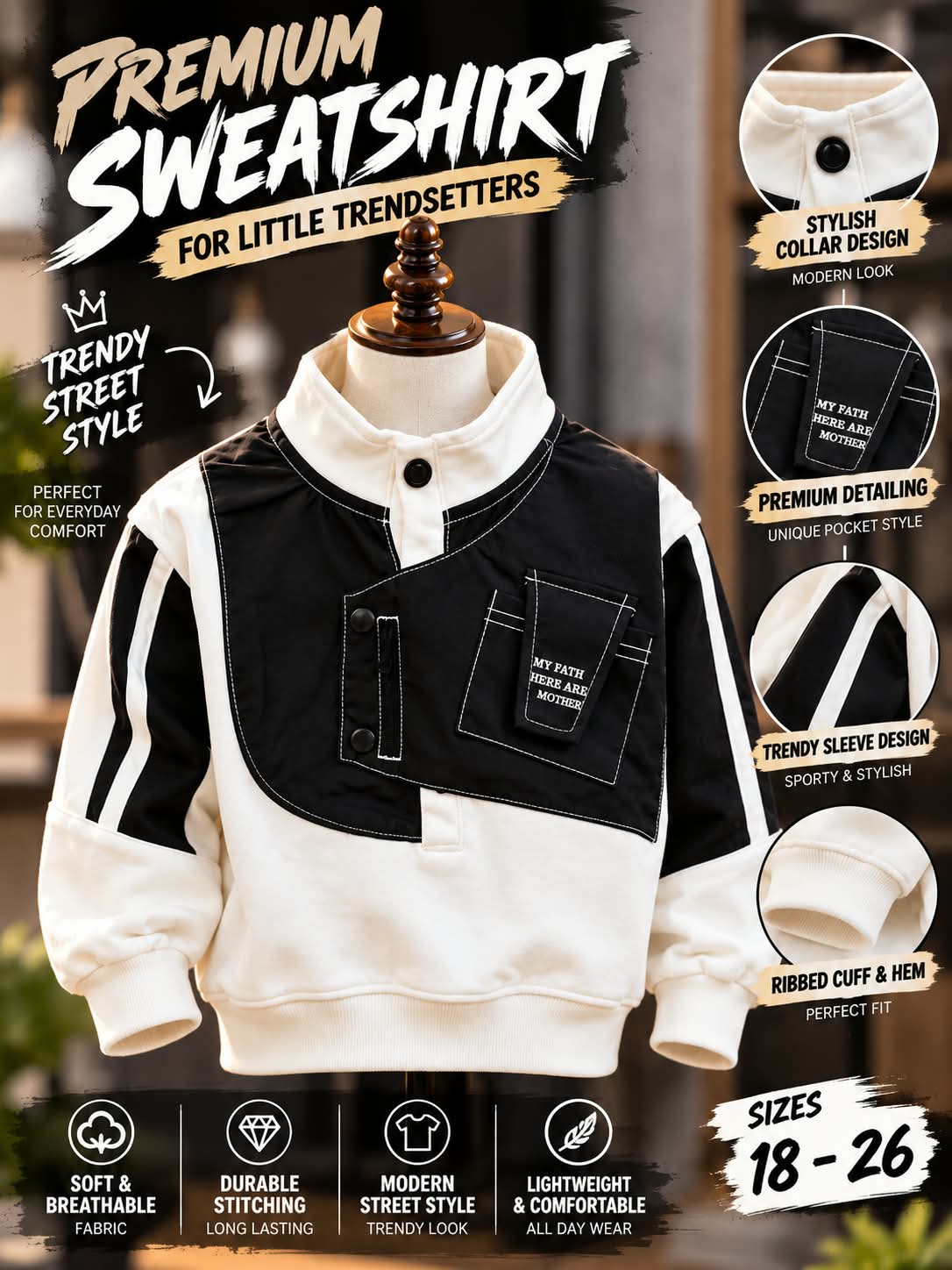 Boys Black & White Utility Pocket Sweatshirt | Korean Style | Sizes 18β26