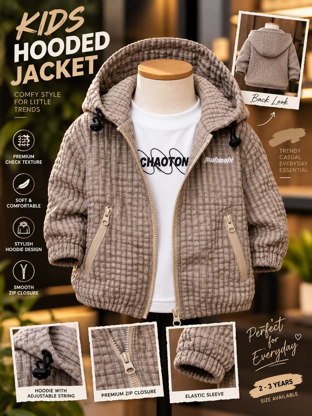 Boys Beige Quilted Hooded Jacket with Zip Pockets | Sizes 18–26
