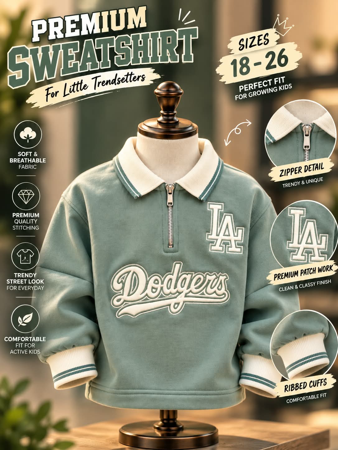 Boys Sage Green Varsity Collar Sweatshirt | Sizes 18–26