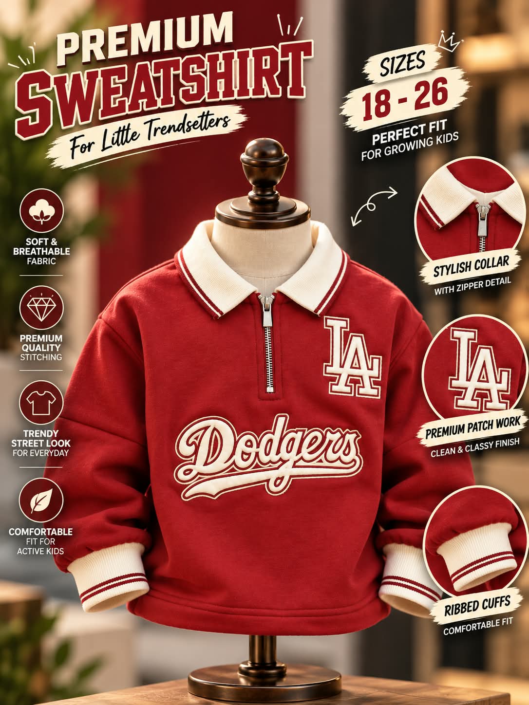 Boys Red Dodgers Varsity Sweatshirt with Zip Collar | Sizes 18–26
