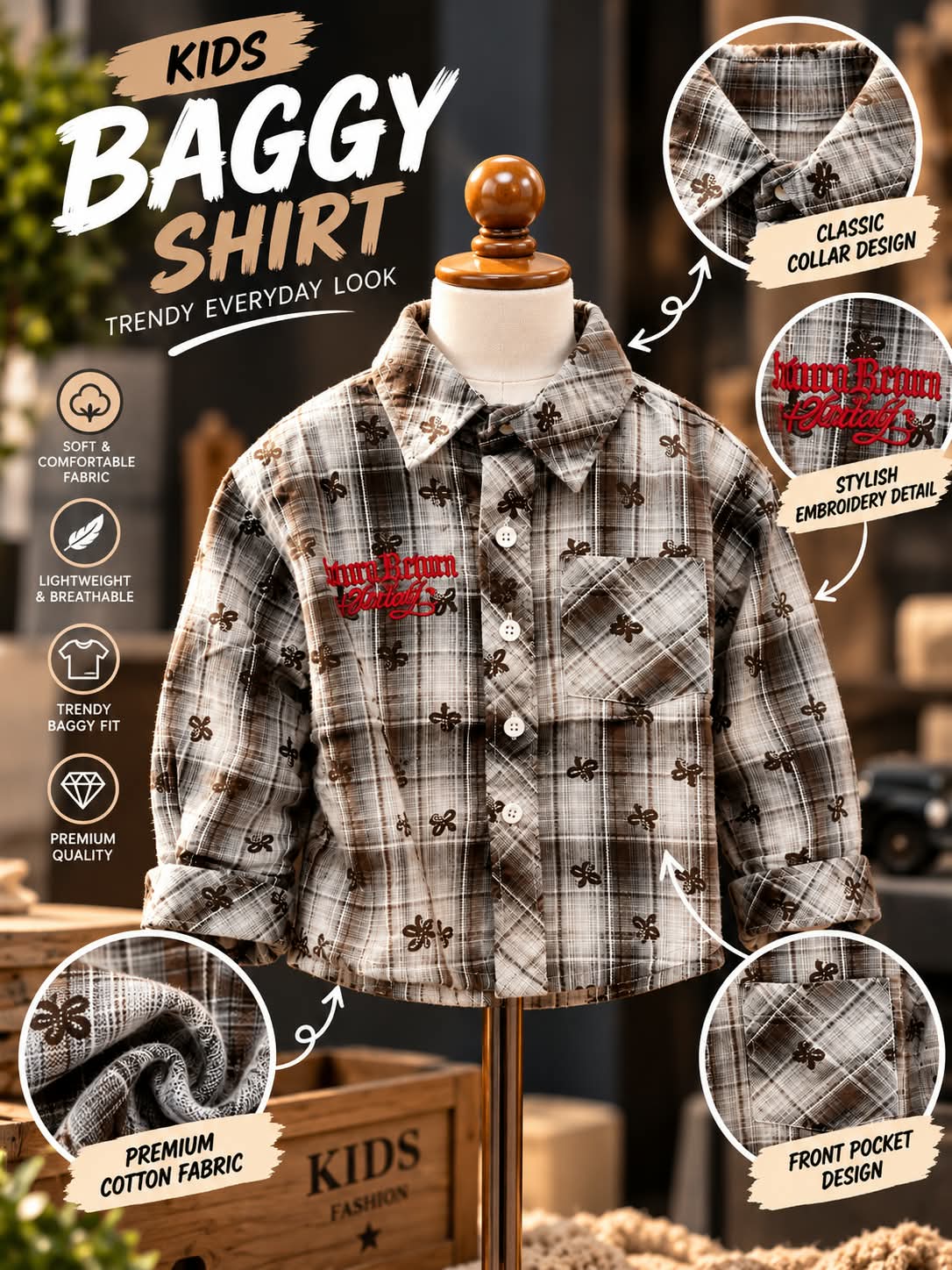 Baby Boys Brown Checkered Printed Shirt | Sizes 6 Monthsβ4 Years
