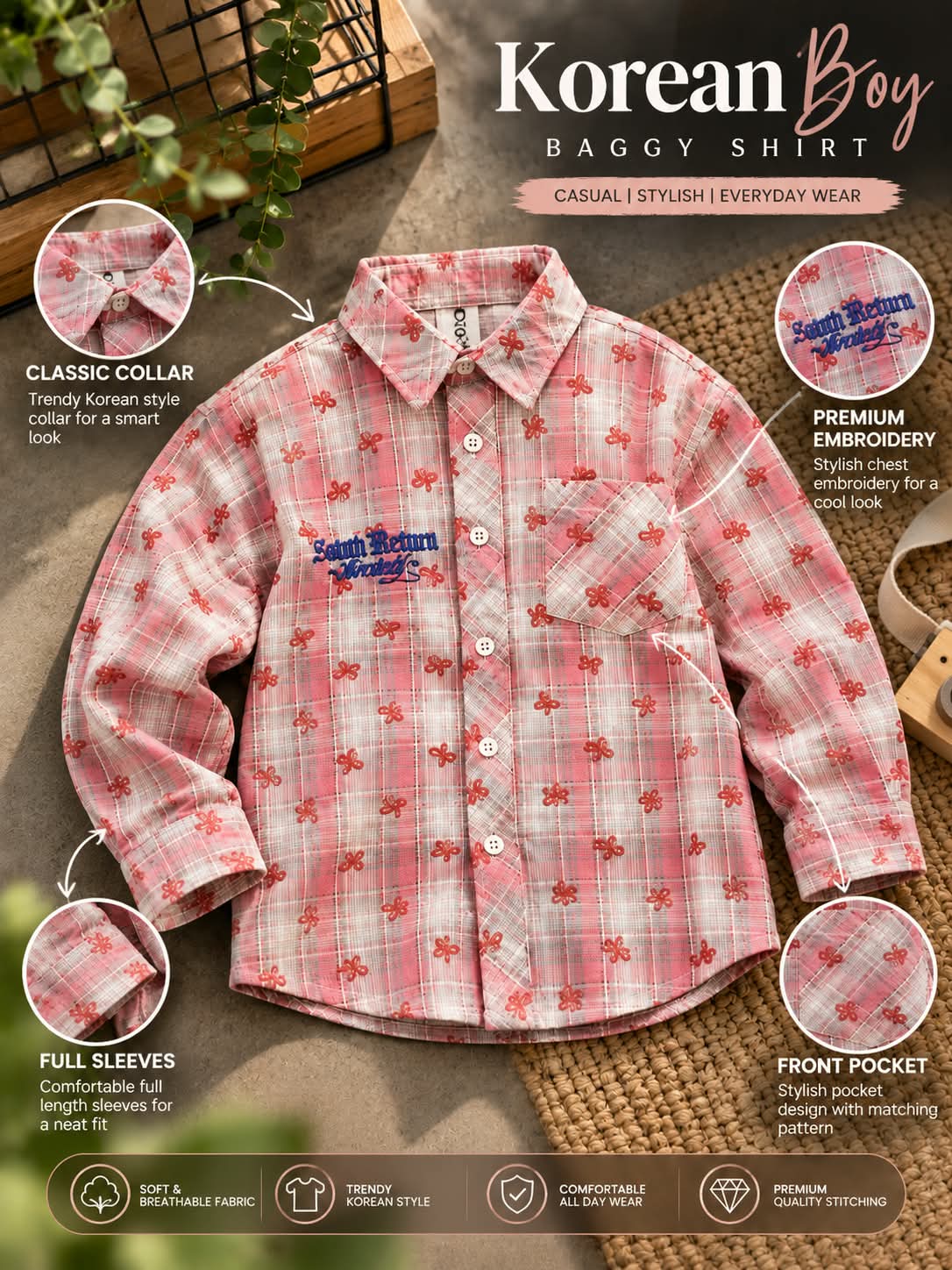 Boys Pink Checkered Floral Print Shirt | Sizes 5–8 Years